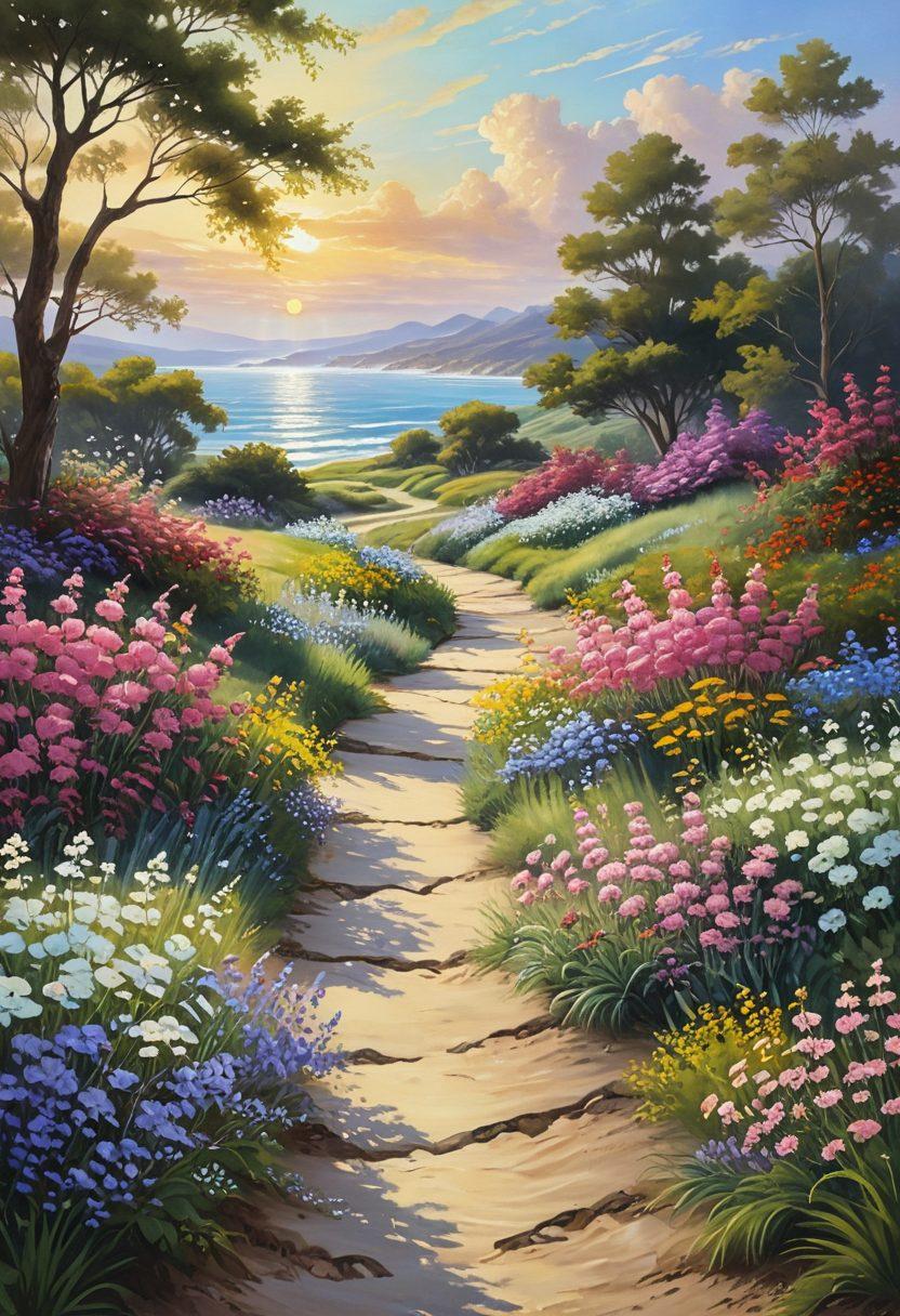 A serene landscape with a winding path leading to a bright, open horizon, symbolizing journey and growth. Include diverse individuals of various ages and backgrounds engaging in joyful activities together, embodying connection and fulfillment. Soft sunlight illuminates the scene, creating a warm and inviting atmosphere. Add subtle elements like blooming flowers and gentle waves to evoke tranquility. surreal painting. vibrant colors. soft focus.