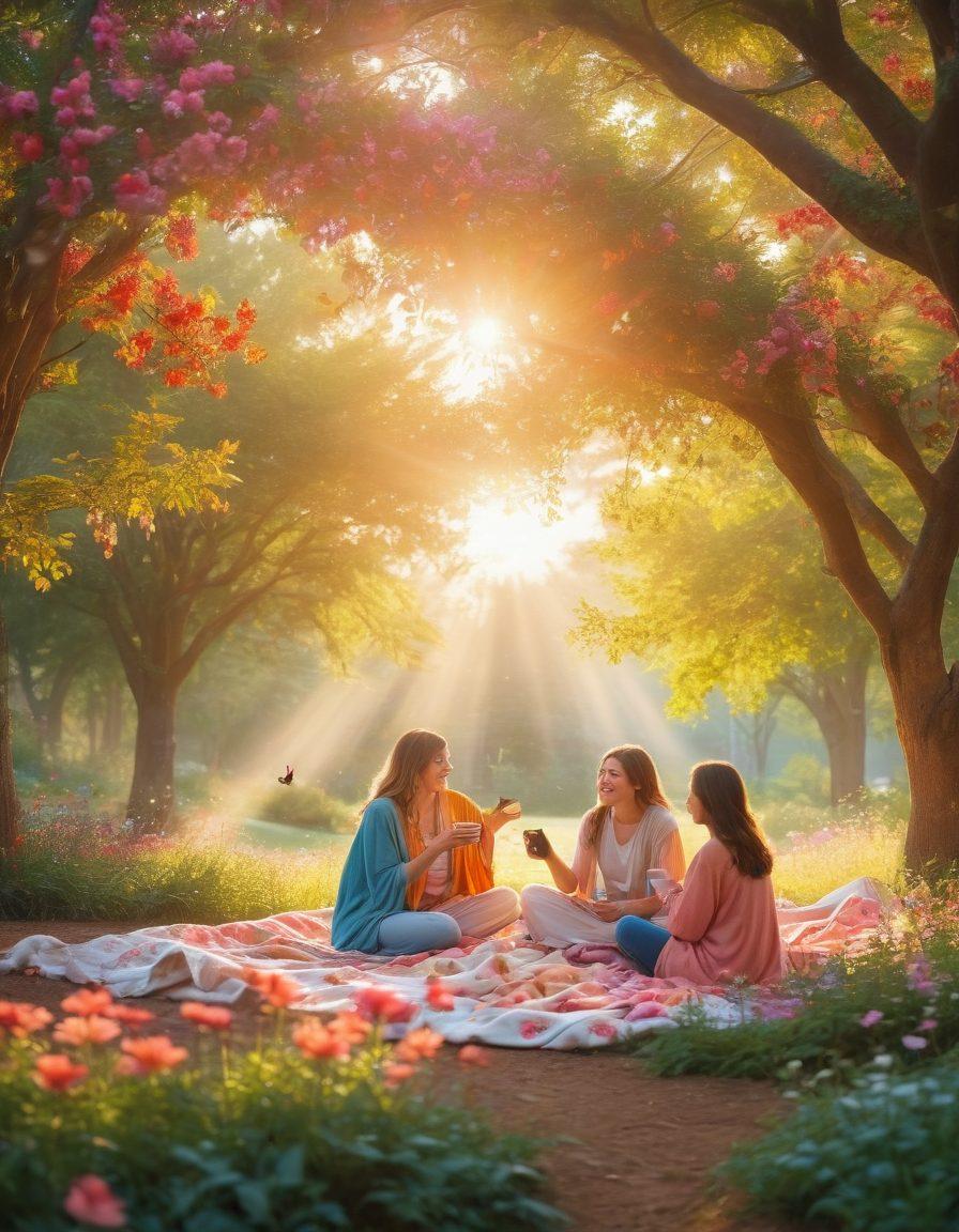 A serene morning scene depicting a diverse group of individuals joyfully engaging in various daily activities, like sipping coffee, gardening, and laughing together in a sunny park. Colorful flowers bloom around them, symbolizing happiness, while soft rays of sunlight filter through the trees, illuminating their smiles. Include whimsical elements like butterflies and birds to enhance the cheerful atmosphere. vibrant colors. soft focus.