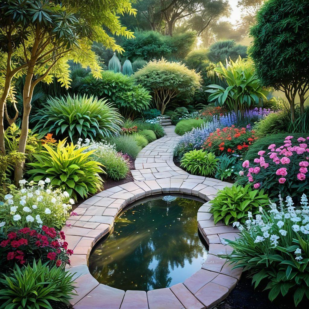 A serene garden at sunrise, with a winding path leading through lush greenery and blooming flowers, symbolizing a journey to fulfillment. Include a tranquil water feature reflecting the morning light and a figure meditating peacefully on the path. Soft pastel color palette to evoke a sense of calm and happiness. super-realistic. vibrant colors. painting.